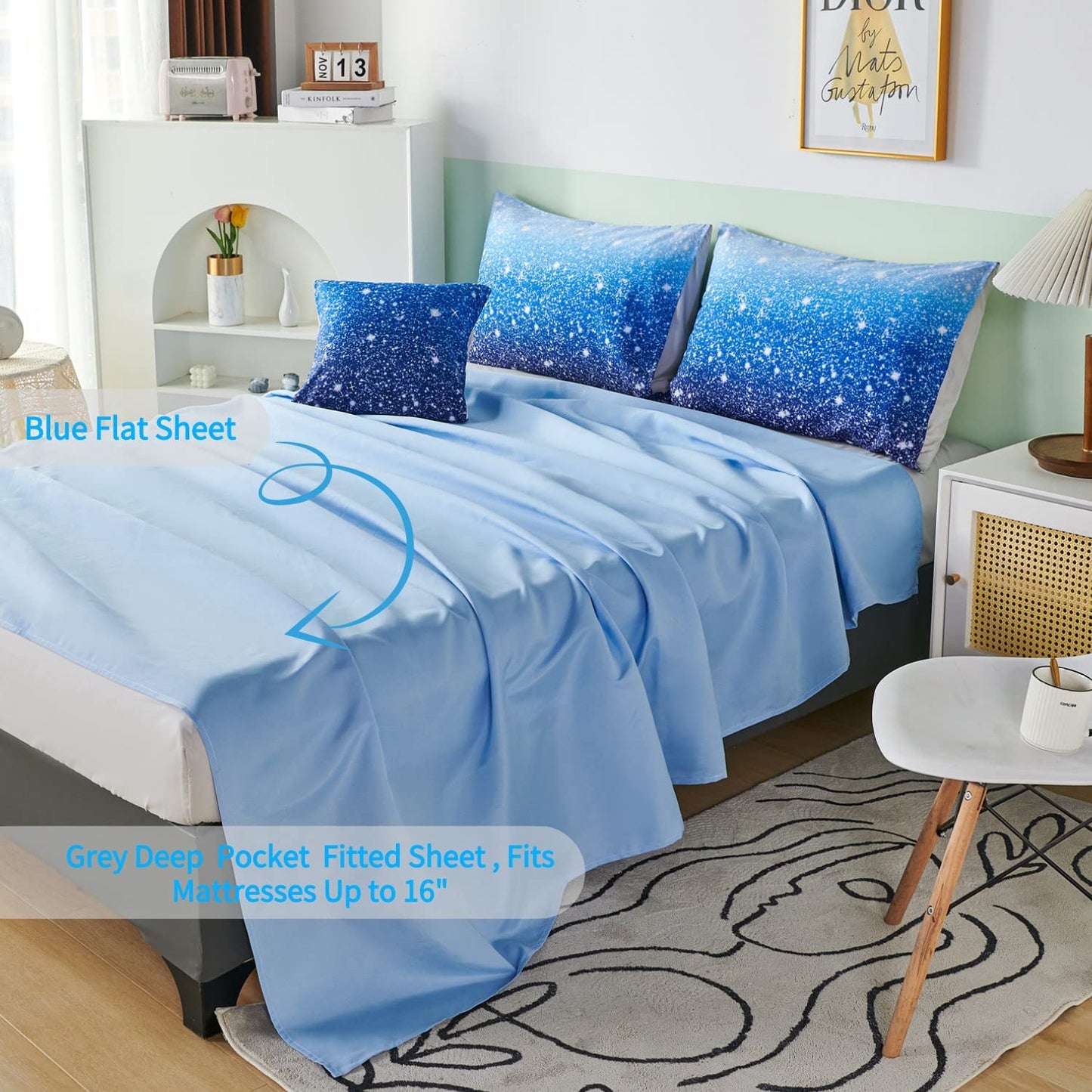 RYNGHIPY 6Pcs Gradient Aqua Blue Navy Ombre Comforter Sets with Sheets Pillowcases, Twin Size Sparkle Glitter Design Comforter Bedding Collections for Kids Boys and Girls