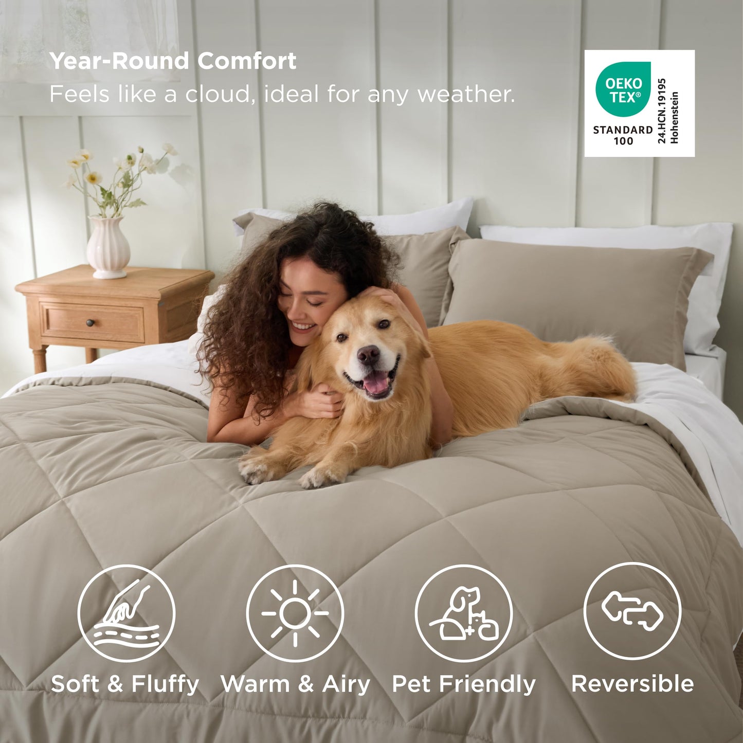 Bedsure Queen Comforter Set - 7 Pieces Reversible Beige and White Bedding, Queen Size Bed Set for All Seasons, Bed in a Bag with Down Alternative Comforter, Sheets, Pillowcases & Shams