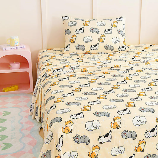 MICORAL Kids Twin Sheet Set, 3 Pieces Sheets for Boys & Girls, Soft Printed Microfiber Bed Sheets, Deep Pocket Cozy Toddler Bedding Set, Beige Cats