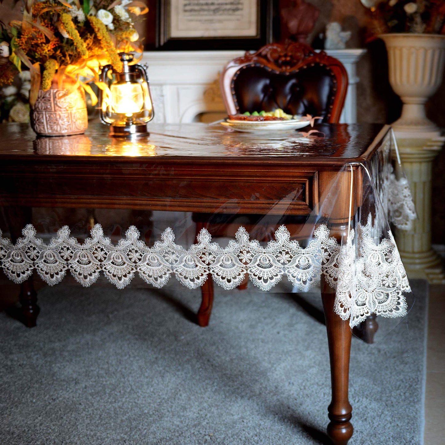 SUTAVIA Clear PVC Tablecloth 100% Waterproof lace Tablecloth, Environmentally Friendly PVC,Oil Proof Spill Proof Table Protector, Oblong Transparent Tablecover, for Dining Table(Gold, 60"x120")