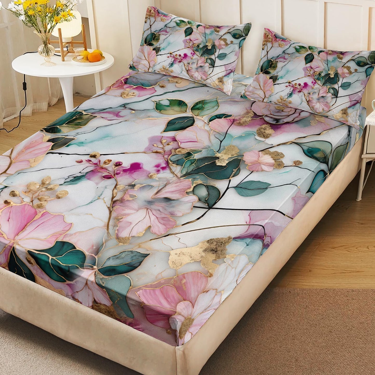 AILONEN Flower Fitted Sheet Set Queen Size, Marble Printed Watercolor Bedding Set for Kids Teens Adults,Pink and Green Bed Sheet Set,1 Fitted Sheet + 2 Pillowcases,3Pcs