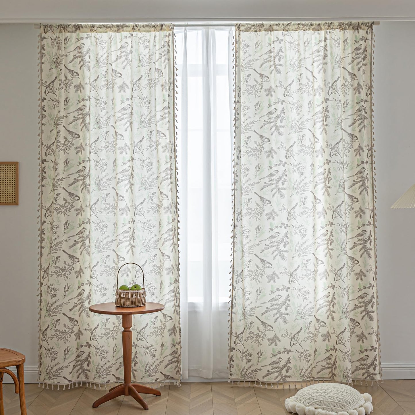 Erbnaryx Bird Botanical Curtains 72 Inches Long, Boho Farmhouse Light Filtering Rod Pocket Drapes with Tassel Trim for Bedroom Living Room, 2 Panels