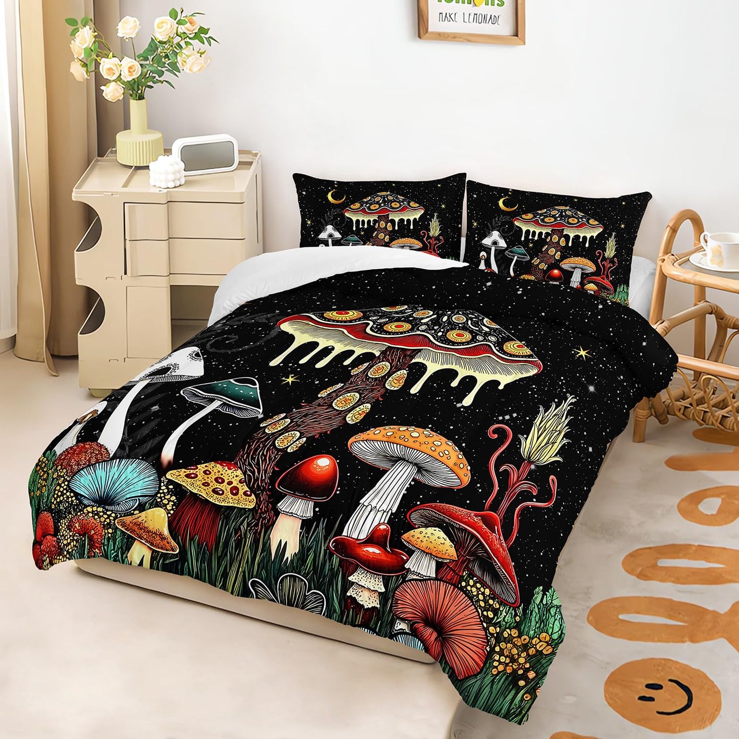 XYNHML Kids Cute Mushroom Comforter 3Pcs Queen Natural Wild Botanical Fungus Bedding Set for Kid Teen Girl Boy Adult Plants Floral Moon Night Star Quilt Bed Decor with 1 Comforter and 2 Pillowcases