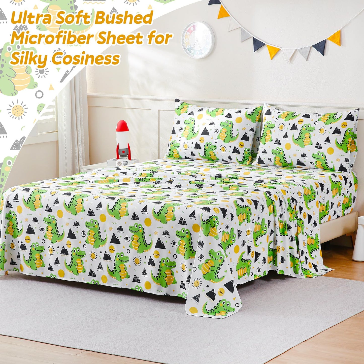 ChicView Twin Sheet Set Kids,3 Pieces Breathable Soft Microfiber Bedsheets for Child Boys Girls, Anti Pilling Deep Pockets Easy Care Bed Sheets, Crocodile