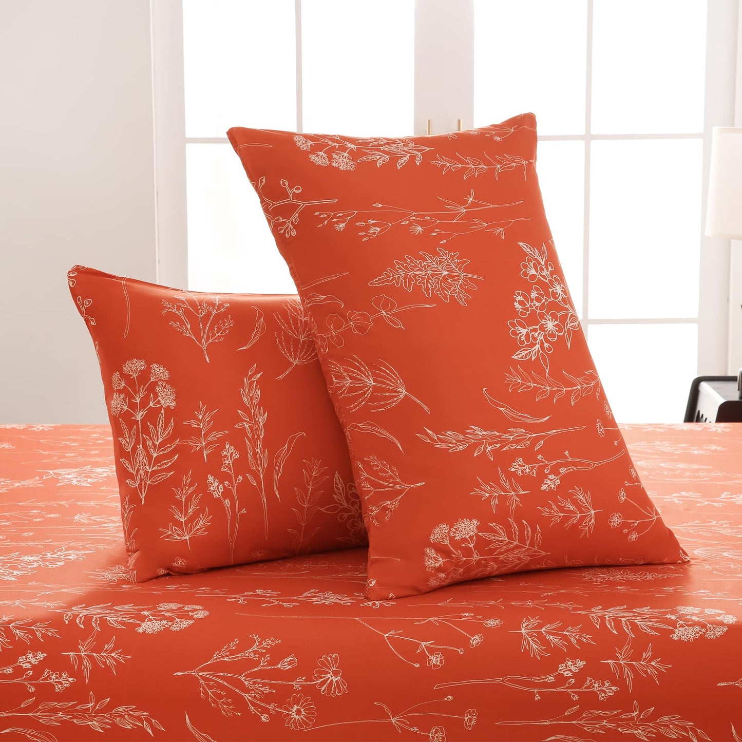 Yibeizi Queen Sheet Set Deep Pocket Queen Size Orange Floral Bed Sheets Set, Boho Printed Soft Microfiber Oeko-Tex Sheets & Pillowcases Hypoallergenic Wrinkle Free Bedsheets