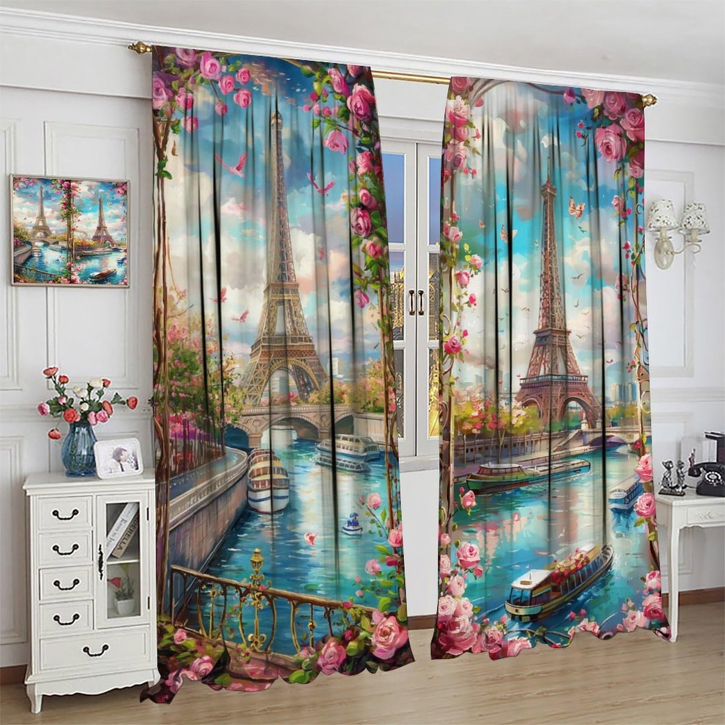 AAVEUP Eiffel Tower Curtains for Girls,Dreamy Pink Flower River Paris European Cityscape Oil Painting Window Treatments for Kids Room Women Bedroom Living Room 41x44.5in