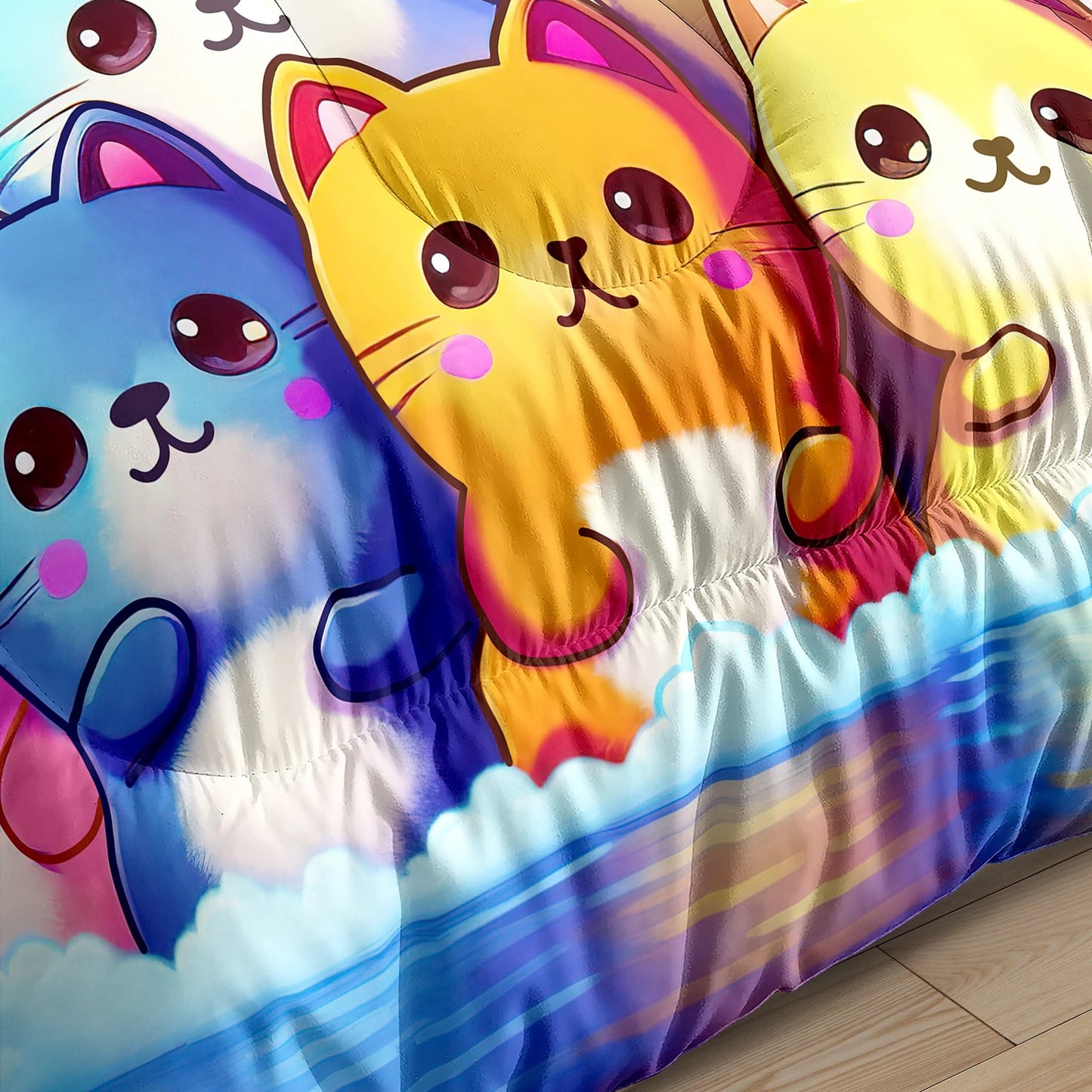 Jiospet Rainbow Cat Comforter Twin Size - Cute Cartoon Bedding for Girls Room, Twin Comforter Set with 1 Comforter + 1 Pillowcase