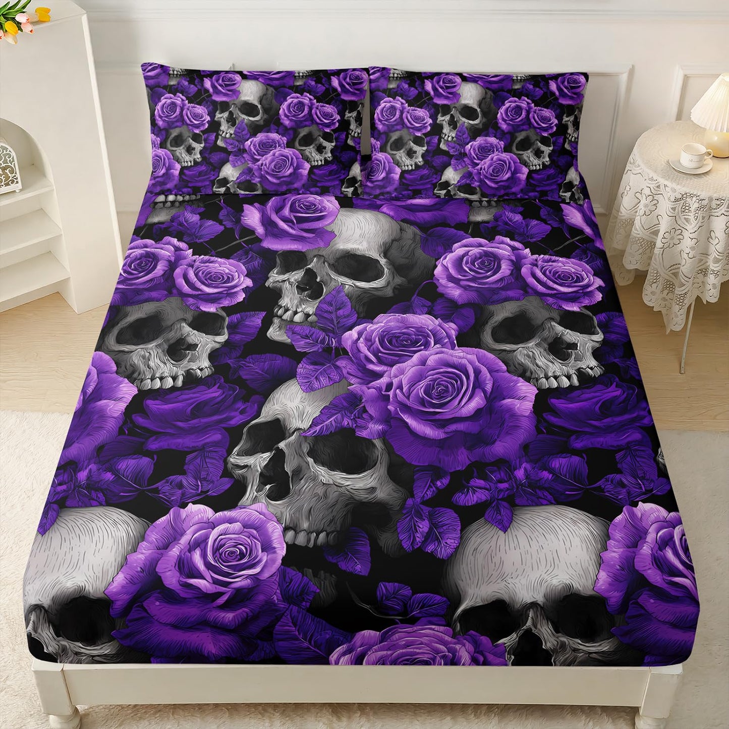 HOSIMA Death Skull Fitted Sheet Full,Skull Head and Flowers Printed Gothic Bedding,Horror Themed Floral Bedding for Girls Women Halloween Room Decor,1 Fitted Sheet+2 Pillowcases.