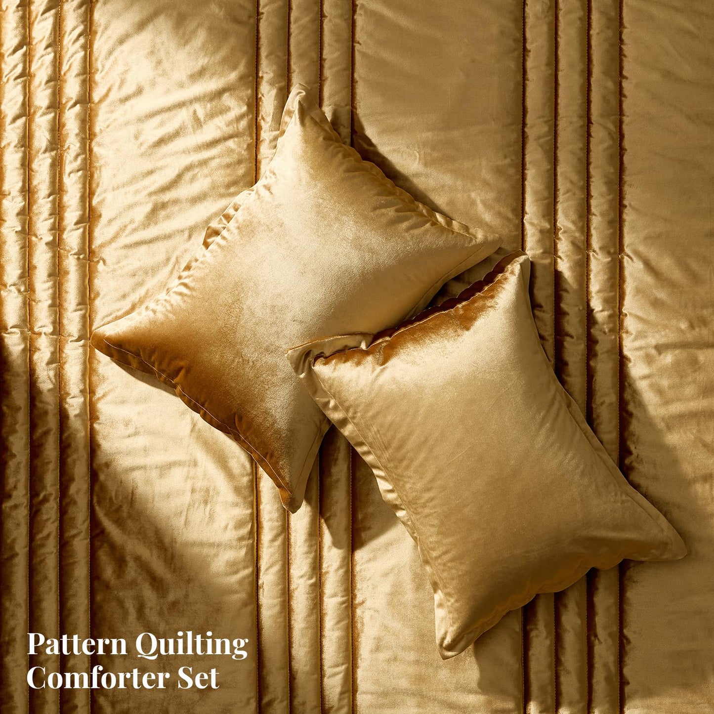 MUSSEL Bedding Comforter Set Queen Size 3 Pieces-Luxury Shiny Gold Striped Lightweight Bedroom Comforter Queen Size,Soft Velvet Bed Set with 2 Shams