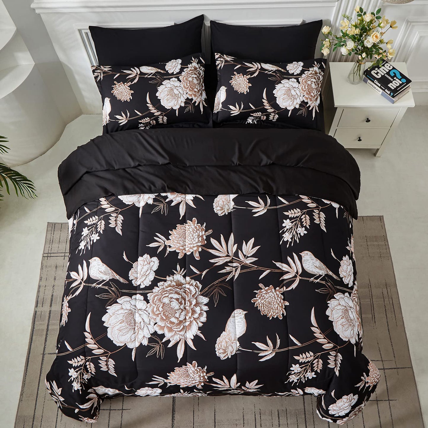 Yogeneg 7 Piece Bed in a Bag Kingsize Comforter Set Botanical Floral Bedding Set,Flower Leaf Brid Printed on Black Reversible Design,Soft Microfiber Comforter with Sheet Set,All Season(Black B,King)