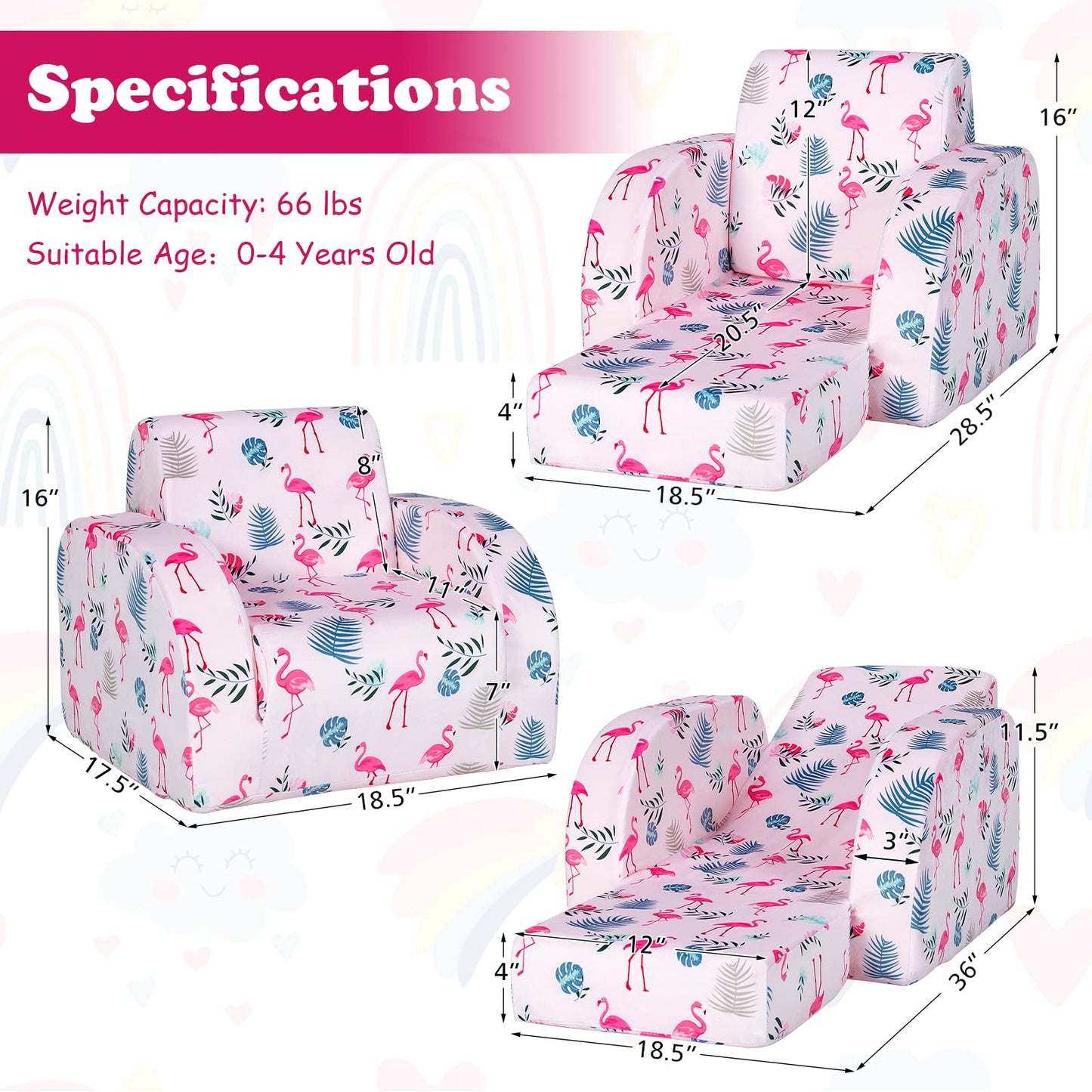 HONEY JOY Kids Sofa, 3-in-1 Convertible Children Folding Sofa & Comfy Flip Open Lounger Chair for Play, Foam Toddler Couch Fold Out, Gift for Boys Girls (Pink)