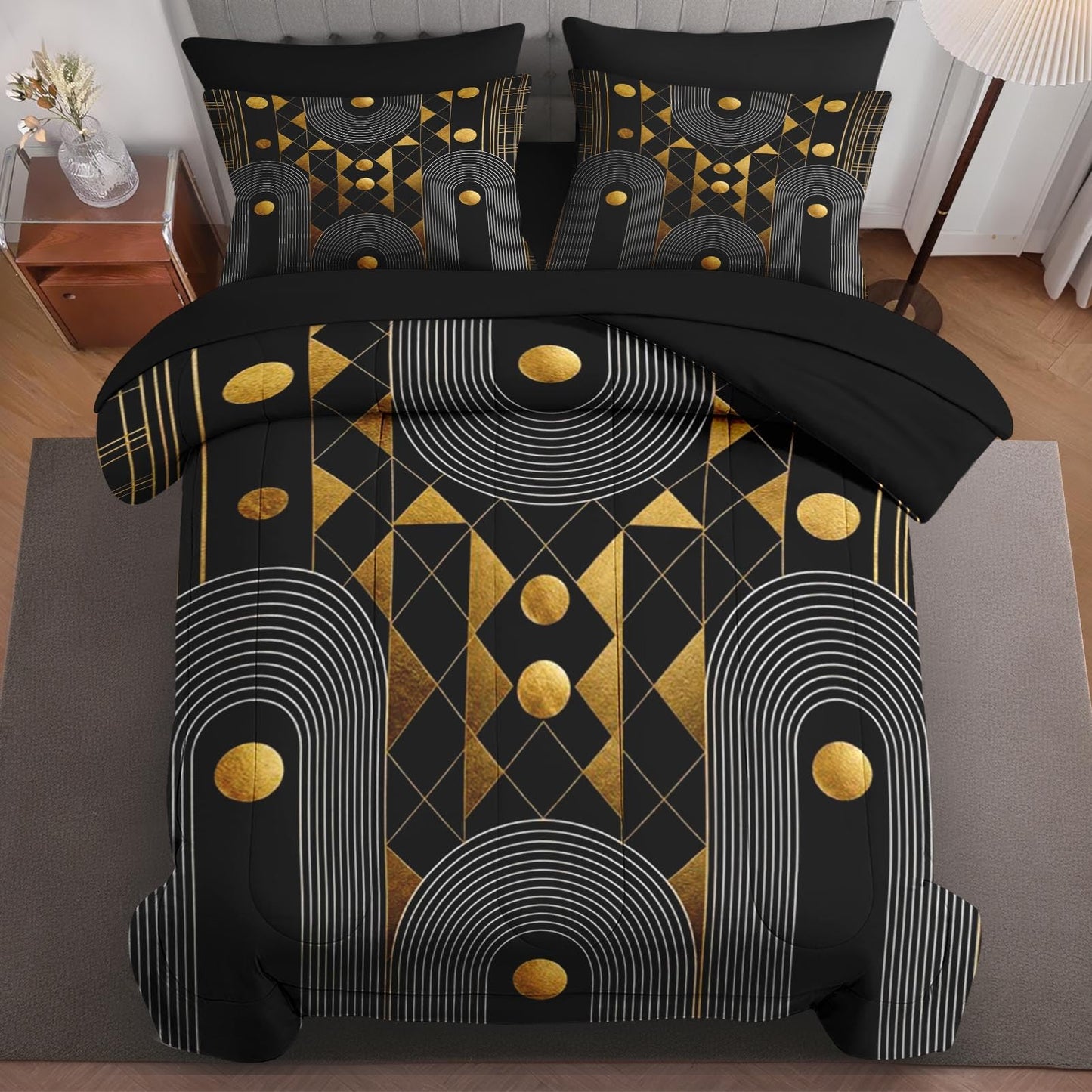 Boewywh Comforter Set Twin Size Geometric Gold Black 7 Pcs, Bedding for Kids and Adults, Abstract Modern Bed Sheet Sets with Fitted Sheet 2 Pillowcases & 2 Shams for Bedroom Bed Decor