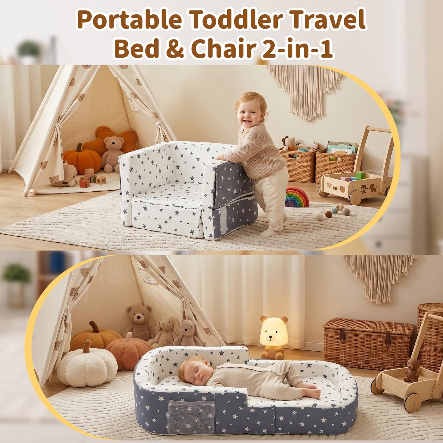 Toddler Travel Bed, 2-in-1 Portable Toddler Bed Sofa Chair Convertible Travel Crib with Storage Pockets, Foldable Portable Toddler Bed Sofa Chair Velvet Washable Covers for Kids Camping Hotel Sleeping