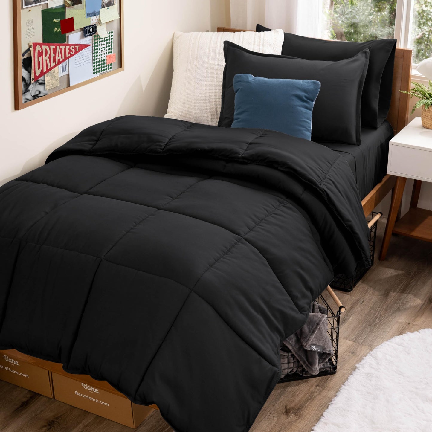 Bare Home Bed-in-A-Bag 5 Piece Comforter & Sheet Set - Twin XL - Goose Down Alternative - Ultra-Soft 1800 Premium Bed Set (Twin XL, Black/Black)