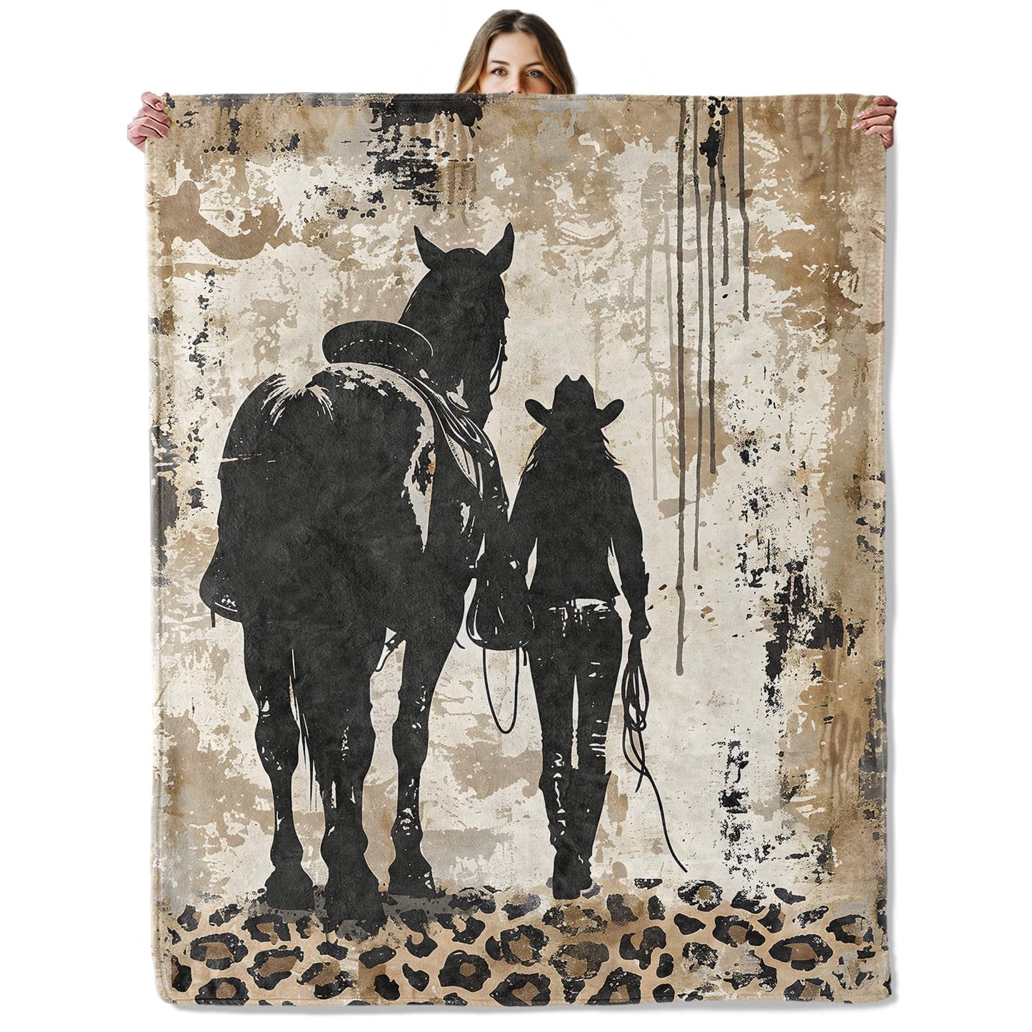 Cowgirl and Horse Throw Blanket for Girls Boys Kids Adults, 50x60 in, Cozy Flannel Blanket for Bedroom, Camping, Couch, Room Decor, Fuzzy Warm Soft Gifts