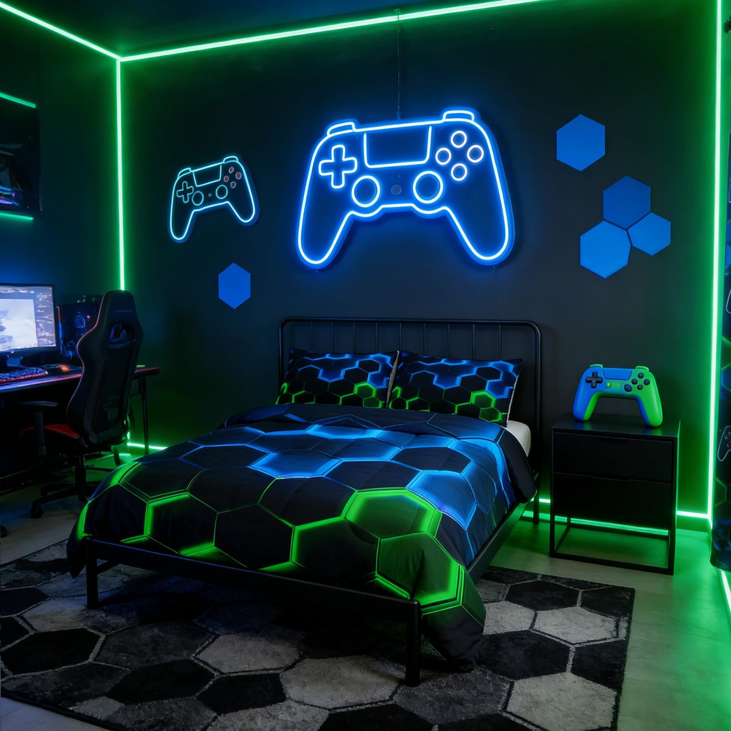 Castle Fairy Honeycomb Bedding Comforter Set Twin Size,Hexagon Theme with Green Blue Neon Lights Quilt Set,Boys Teen Man Chic Creative Home Bedding Set 2pcs Duvet Insert with 1 Pillowcase,Black
