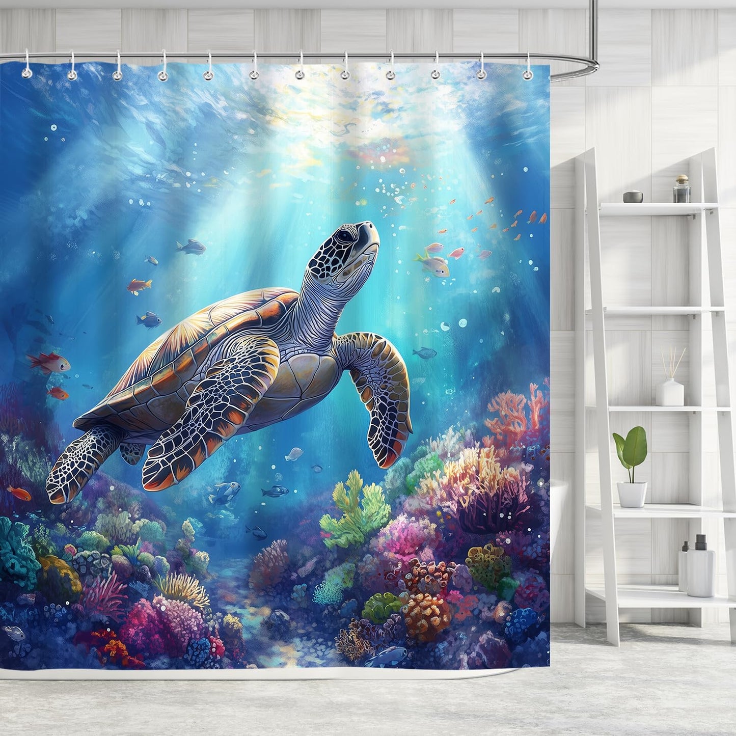 iTapnoom Sea Turtle Shower Curtain，Ocean Tropical Fish Coral Marine Life Teal Blue Shower Curtain Set for Bathroom Decor, Washable Waterproof Fabric with 12 Hooks Accessories, 72x72 inche