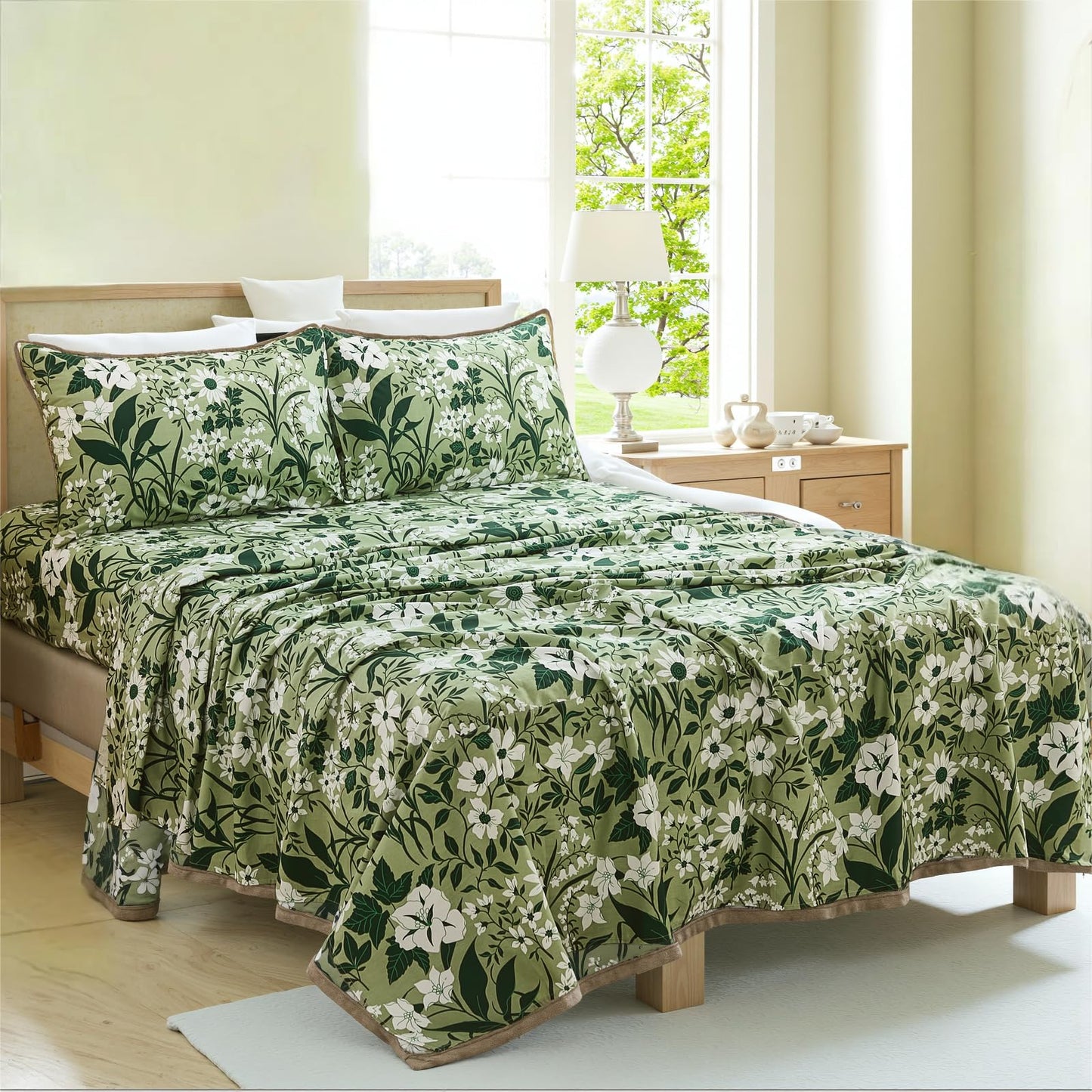 Cozaline 100% Cotton Sheet Set Queen Size – 4-Piece Luxury Forest Green Floral Bedding, Soft Breathable Percale Weave, Deep Pocket Fitted Sheet 17.5", Crisp Cool Feel, Refined Botanical Elegance