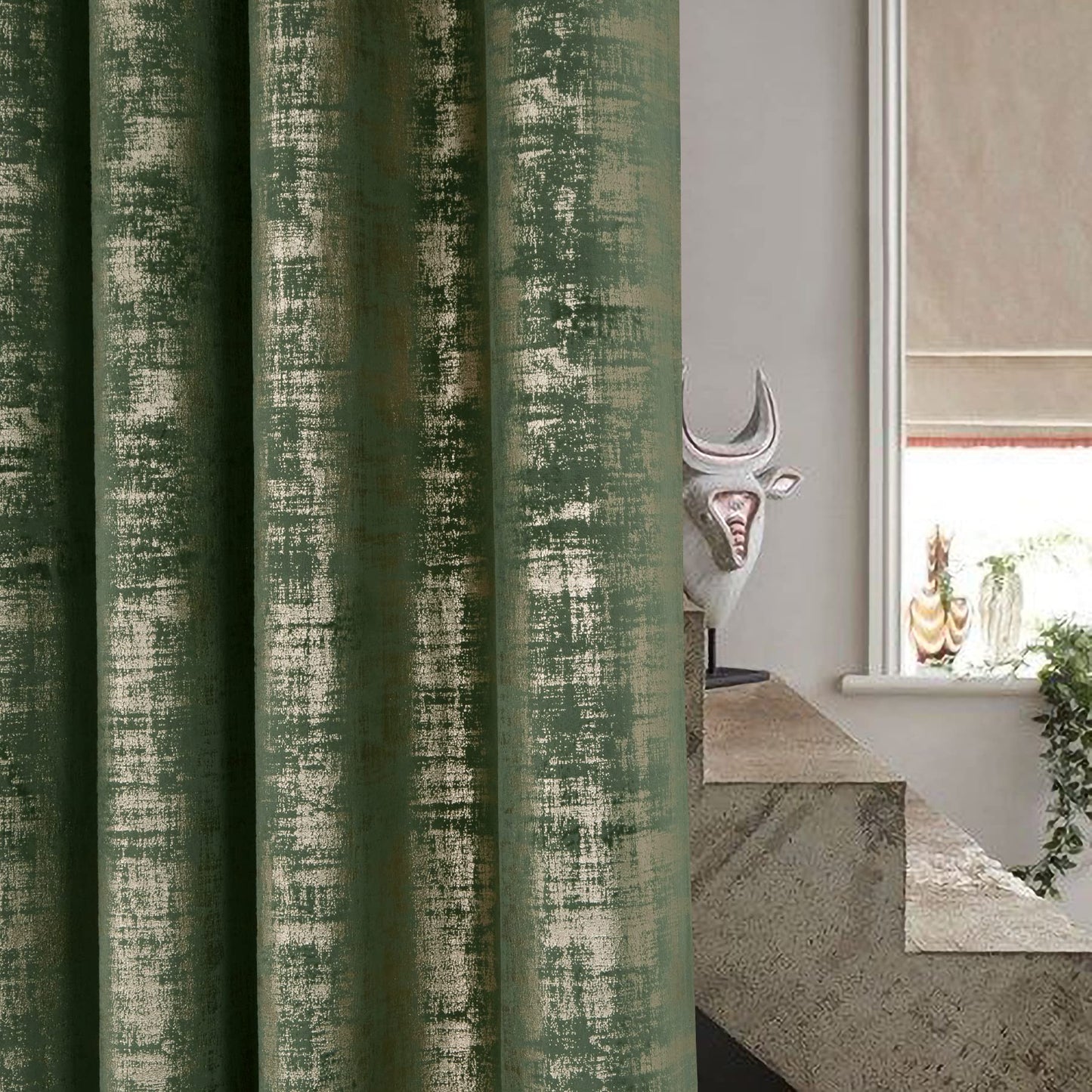 always4u 100% Blackout Soft Velvet Curtains for Bedroom Living Room Thermal Energy Saving 95 Inches Long Luxury Gold Foil Print Drapes 2 Panels Sage Green