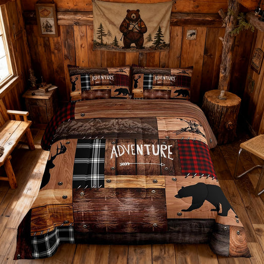Rustic Cabin Comforter Set Twin Size,Farmhouse Bedding Set Kids Boys Girls Brown Cabin Decor,Hunting Animals Bedspread Bear Deer WildlifeDuvet Insert Patchwork Red Black Plaid Lodge Quilt Set 2pcs