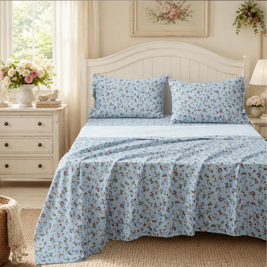 FADFAY Luxury Double Gauze Cotton Twin Sheet Set, Vintage Wildflower Floral Muslin Sheets, Ultra Soft Breathable Cottagecore Floral Bed Sheets with Bow Tie Pillowcases, Deep Pocket Fit