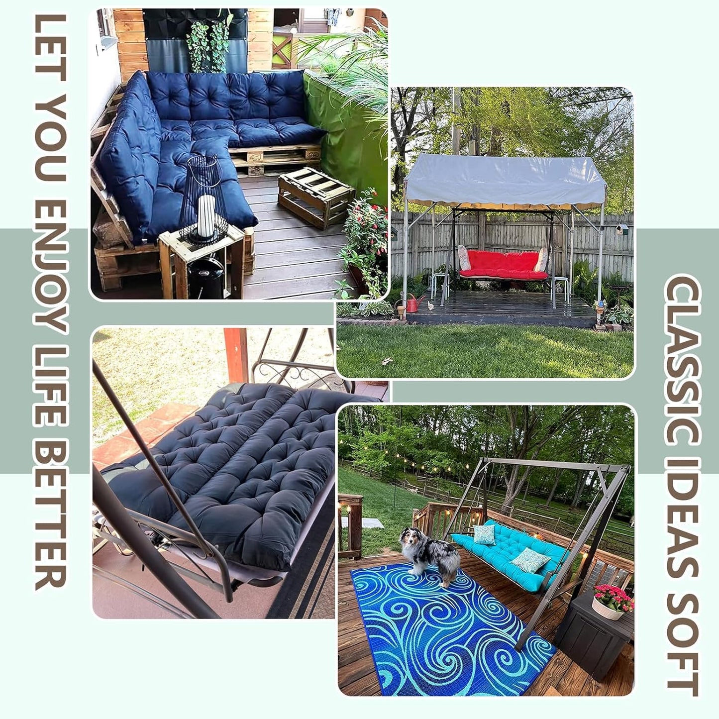 Longmu Living Porch Swing Cushions, Outdoor Swing Cushions 3 Seater Replacement with Backrest, Thickened Swing Cushion with Ties,Patio,Outdoor,Backyard and Gard (Khaki, 60 * 40 * 4 inches)