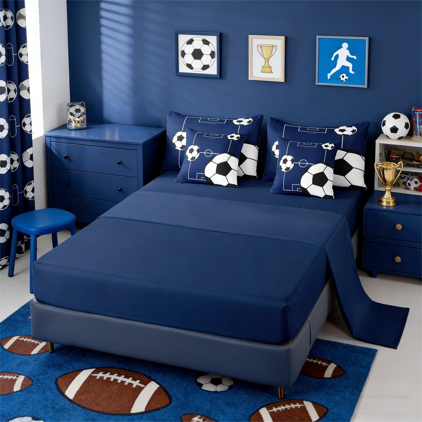 Erosebridal Football Bedding Set Full Size 7 Pieces Boys Sports Theme for Teens Soccer Ball Pattern Bed in a Bag Football Court Comforter Set with Sheets Playground Blue White for Kids Girls
