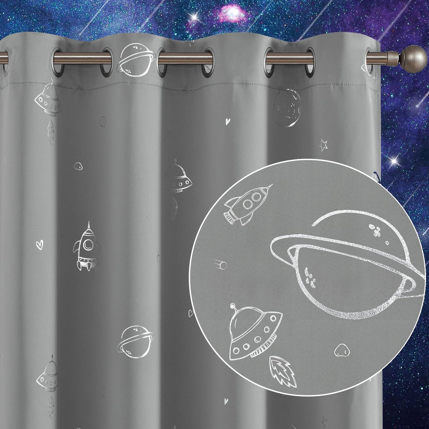Vangao Grey Kids Curtains for Boys Bedroom Space Theme Blackout Curtains for Kids Nursery Girls Room 84 Inches Length Silver Foil Print Drapes Grommet Top Window Treatments Set 2 Panels