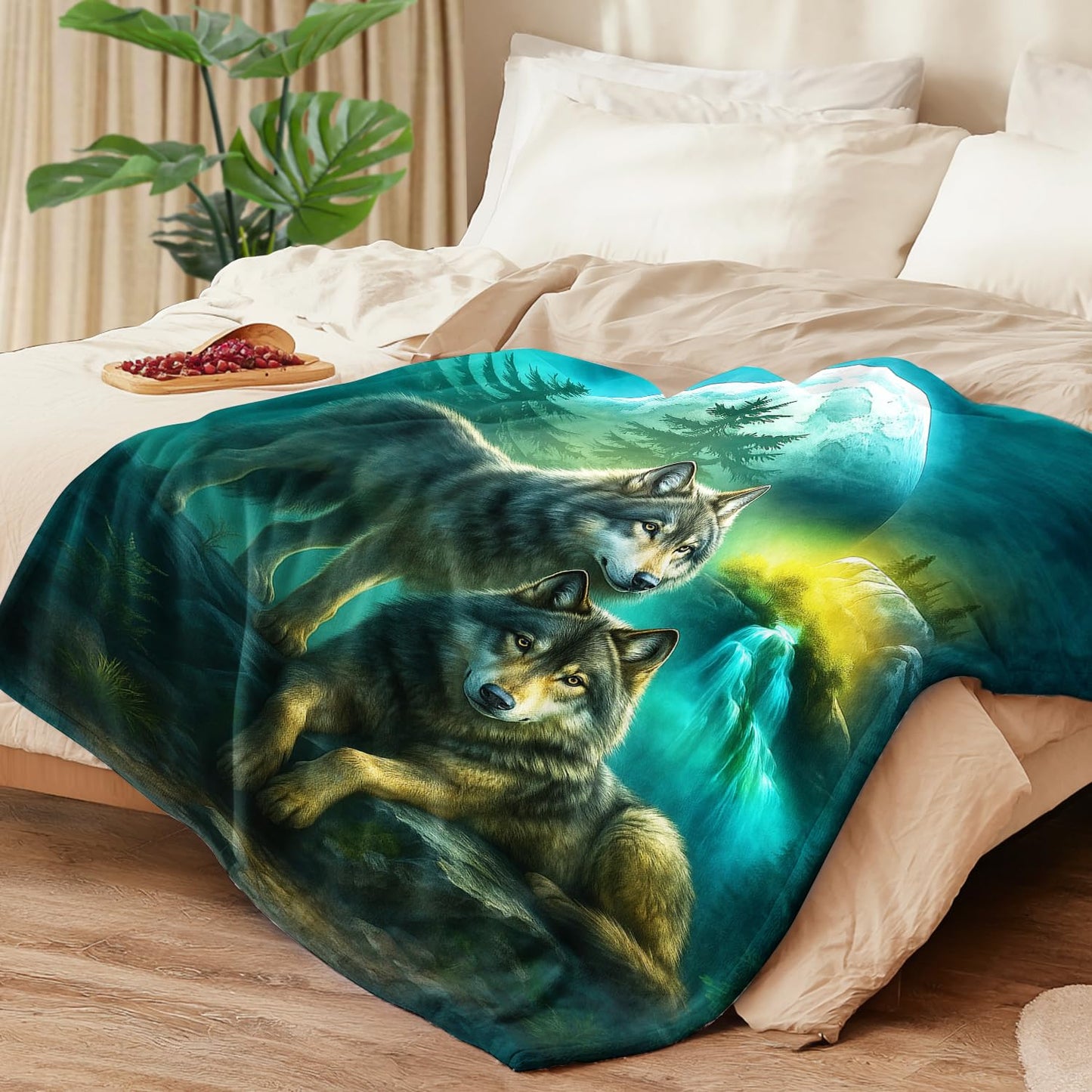 Wolf Blanket Blue-Green Wolf Fleece Throw Blanket Super Soft Fuzzy Plush Cozy Warm Wolves Decor Stuffed Bedding Blankets Gift for Boys Girls Men Women Kids & Adult 50"X40"