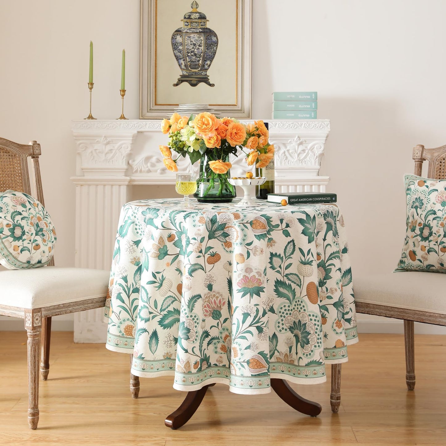 patdrea Vintage French Linen Tablecloth,Round,Diameter 55"-Tree Life