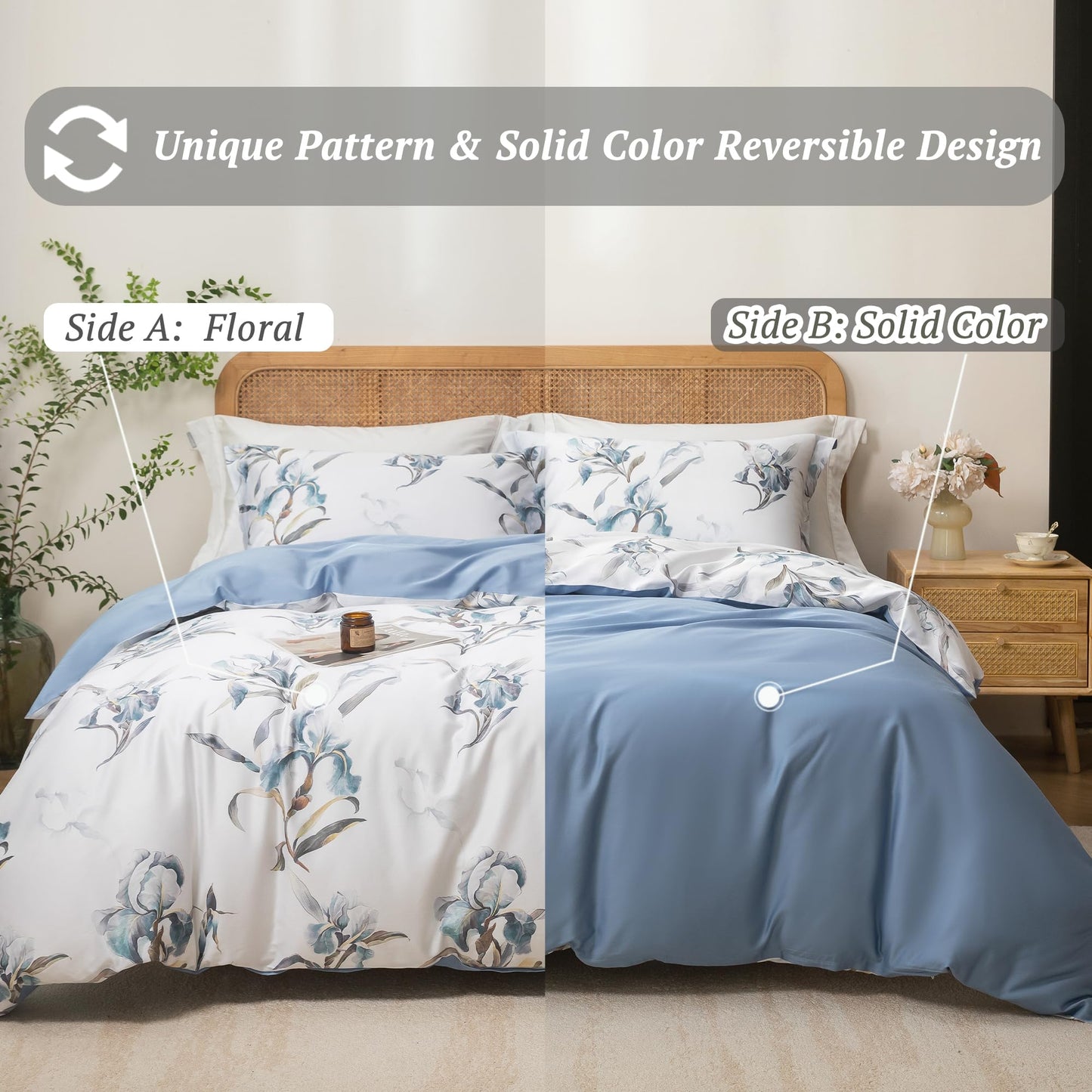 MILDLY Queen Duvet Cover Set - 100% Long-Staple Cotton White Blue Floral Patten Reversible Comforter Cover - 3Pcs Soft Breathable Luxury Bedding for All Season