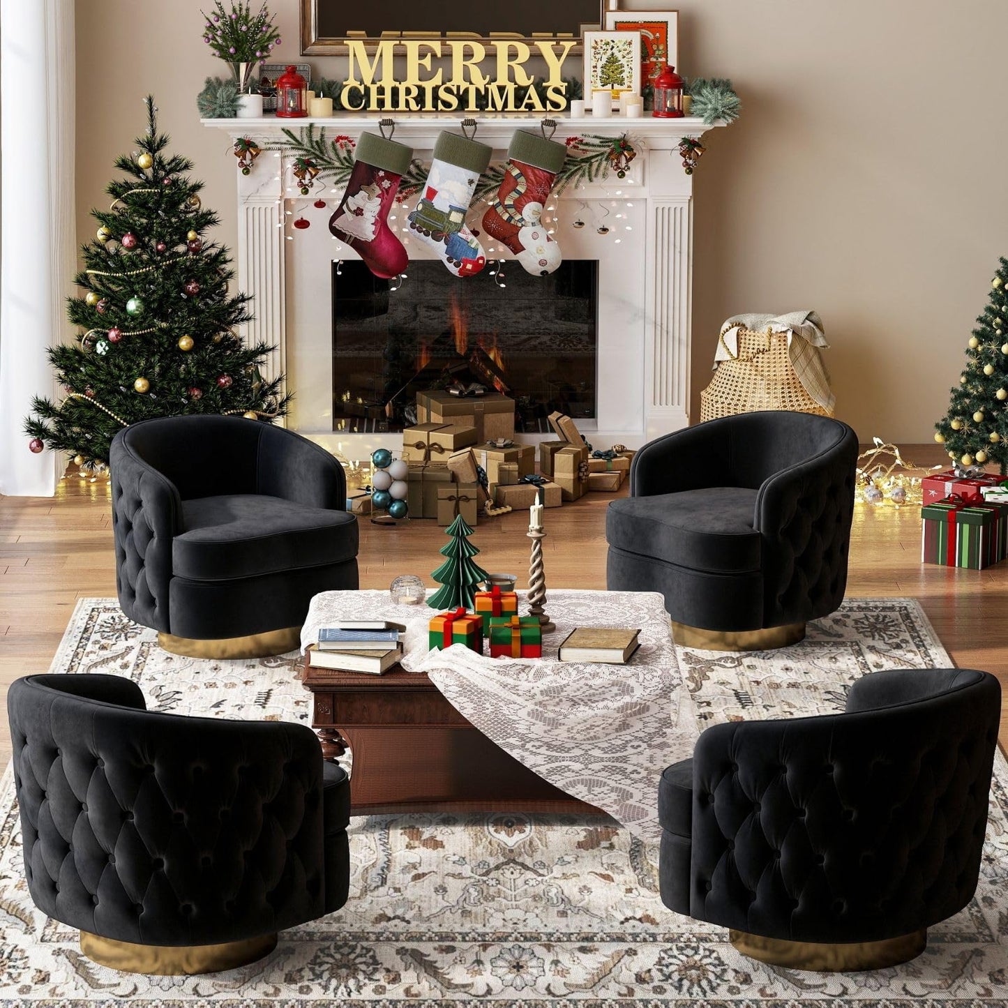 Hyfirm Set of 2 Modern Black Swivel Accent Chairs, 360° Velvet Barrel Chairs with Hand-Tufted Back, 6" Thick Cushion, Upholstered Round Armchairs with Gold Metal Base for Living Room Bedroom