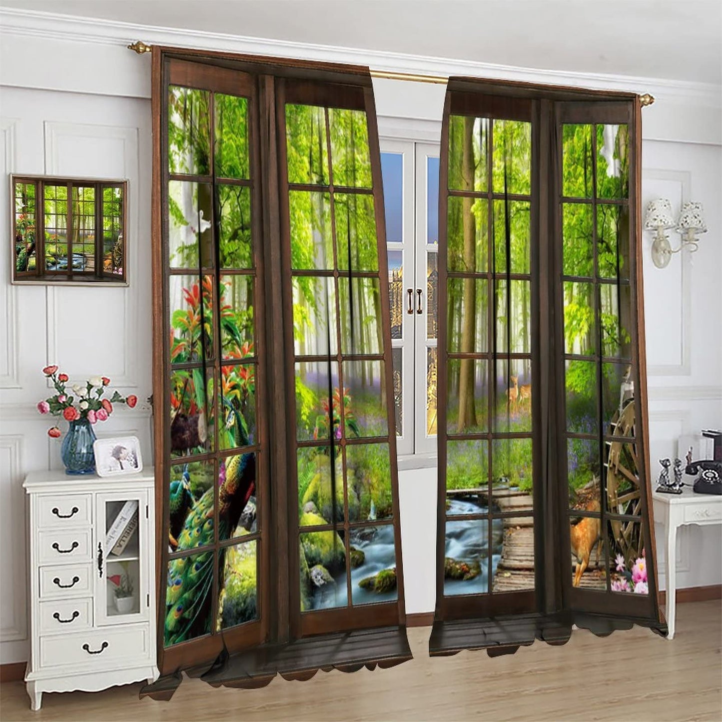 AuiMzoo Landscape Curtains, 3D Window Spring Forest Wildlife Nature Scenery, Bedroom Living Room Blackout Thermal Curtains 2 Panel Set, 42x45 Inch, Style-4