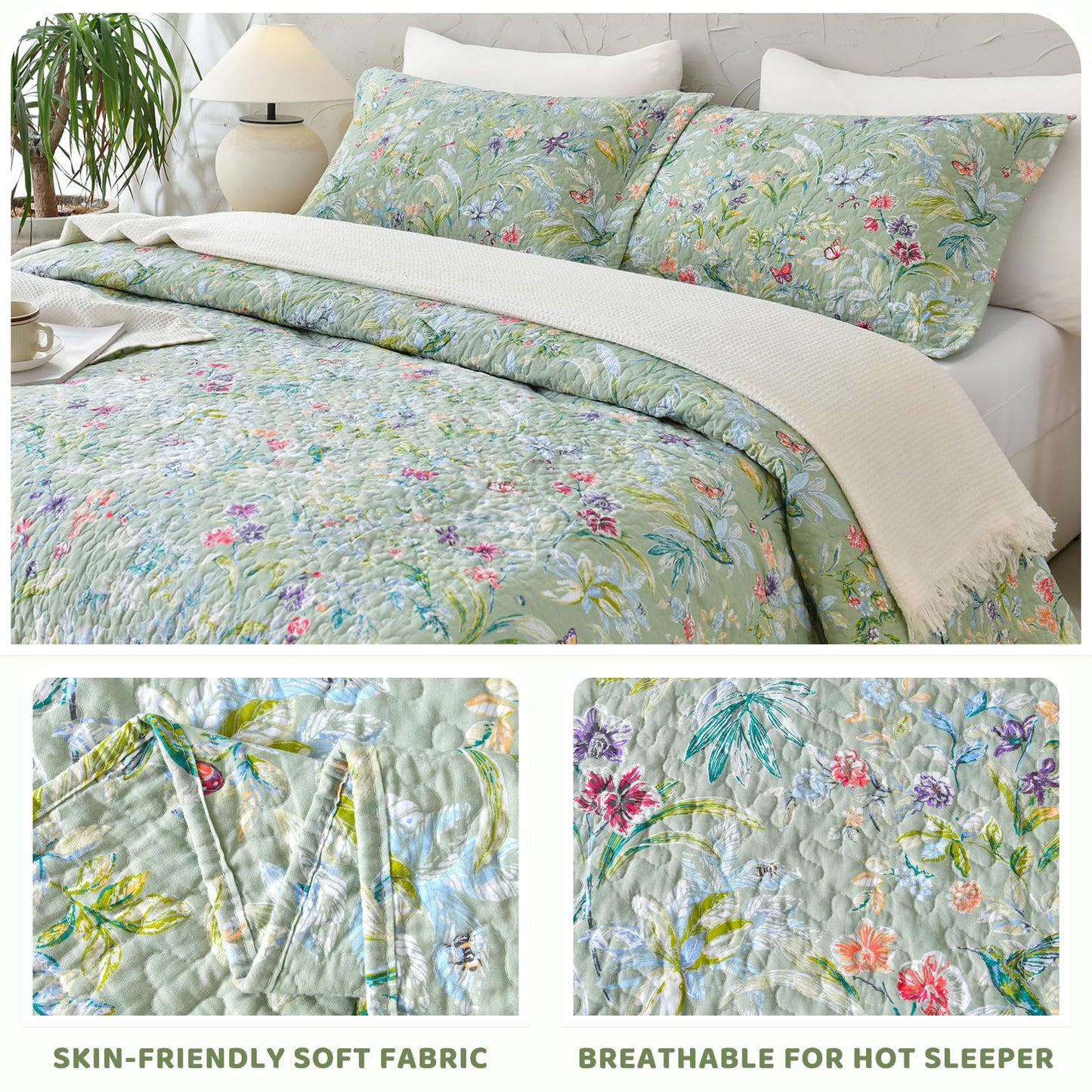 Sanracie Oversized King Bedspread(128"x120"),100% Cotton Green Floral Quilt Set 3Pcs Lightweight Flower Bird Butterfly Print Botanical Bedding Coverlet California King Size Extra Large Wide