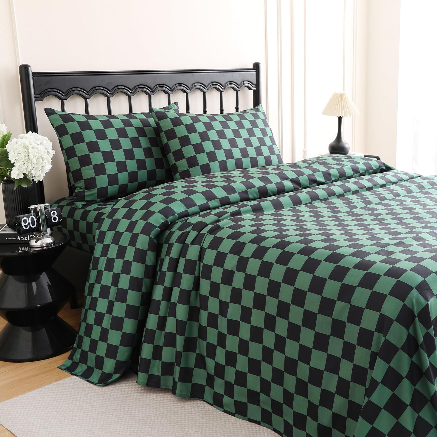 MICORAL Queen Sheet Set Green Gingham Plaid, 4-Piece Brushed Microfiber Taupe Grid Bed Sheets, 16" Deep Pocket, Ultra Soft & Cooling Sheet, Oeko-TEX Certified, Green Black Checkered