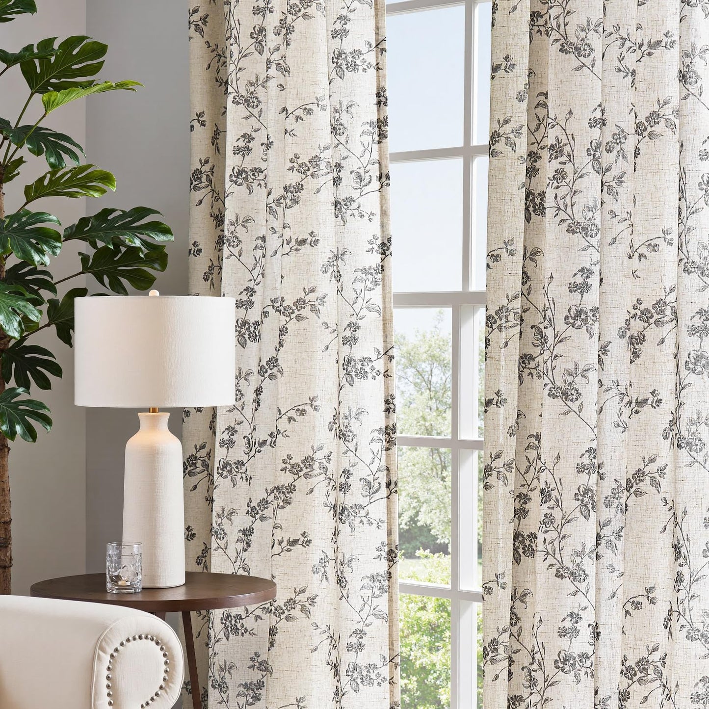 jinchan Linen Floral Curtains 63 Inch Farmhouse Country Flower Drapes Rustic Window Curtains Light Filtering for Living Room Bedroom Laundry Back Tab 2 Panels Black on Beige