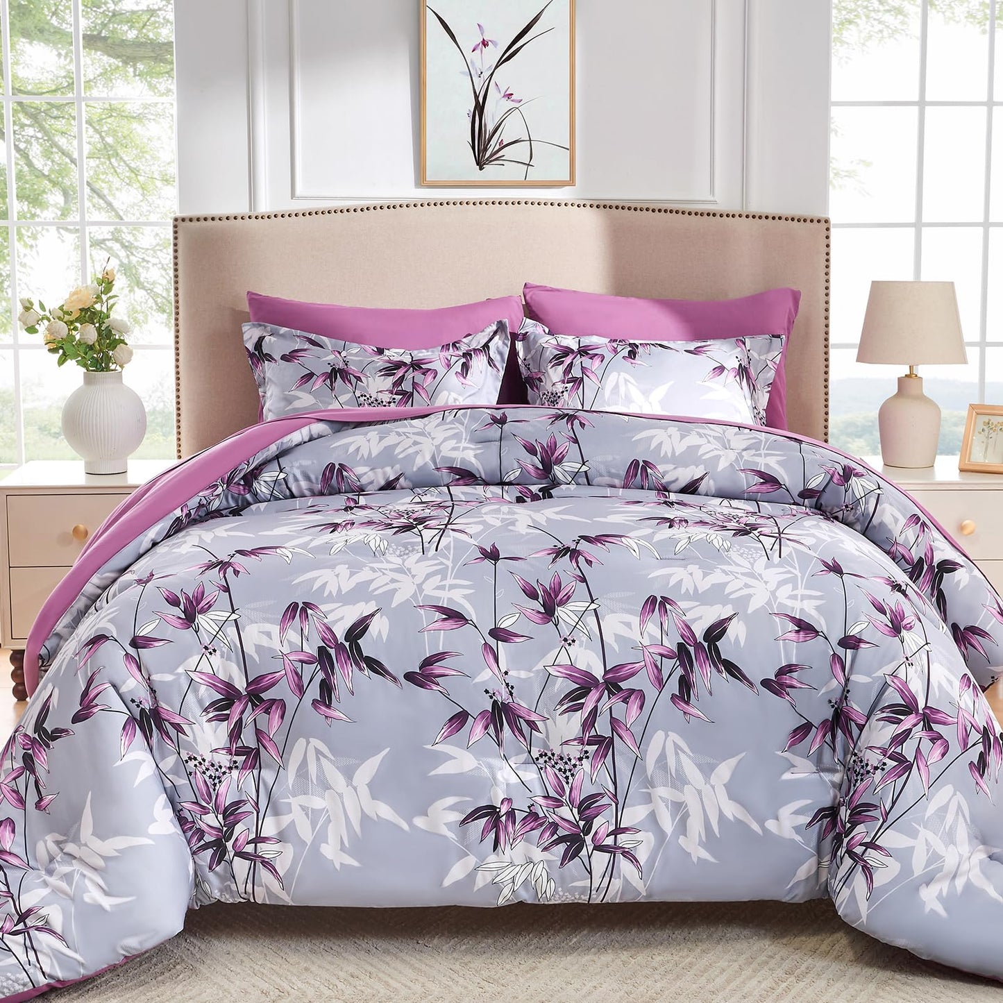 LXWORX Queen Comforter Set Purple - 7 Pieces Bed in a Bag Botanical Leaf Pattern Bedding Set, Soft Lightweight Bed Set with Comforter and Sheets for All Season (Purple,Queen)