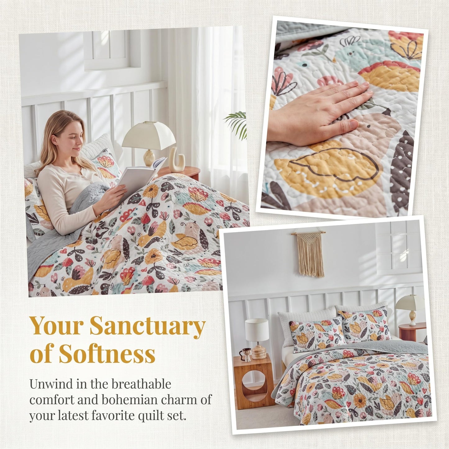 SANOCAY Boho Floral Quilt Set King Size, 3 Piece Lightweight Summer Bedding Set with 2 Pillow Shams, Soft Reversible Microfiber Bedspread, Farmhouse Coverlet for All Season (Bird, King)