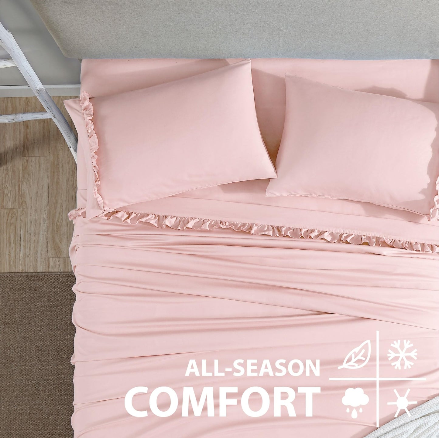 Swift Home Ultra-Soft Elegant 2-inch Ruffled Hem Design on Flat Sheet and Pillowcases, Wrinkle Resistant, Fade Resistant, Deep Pocket, Double Brushed 4-Piece Microfiber Sheet Set - King, Rose Blush