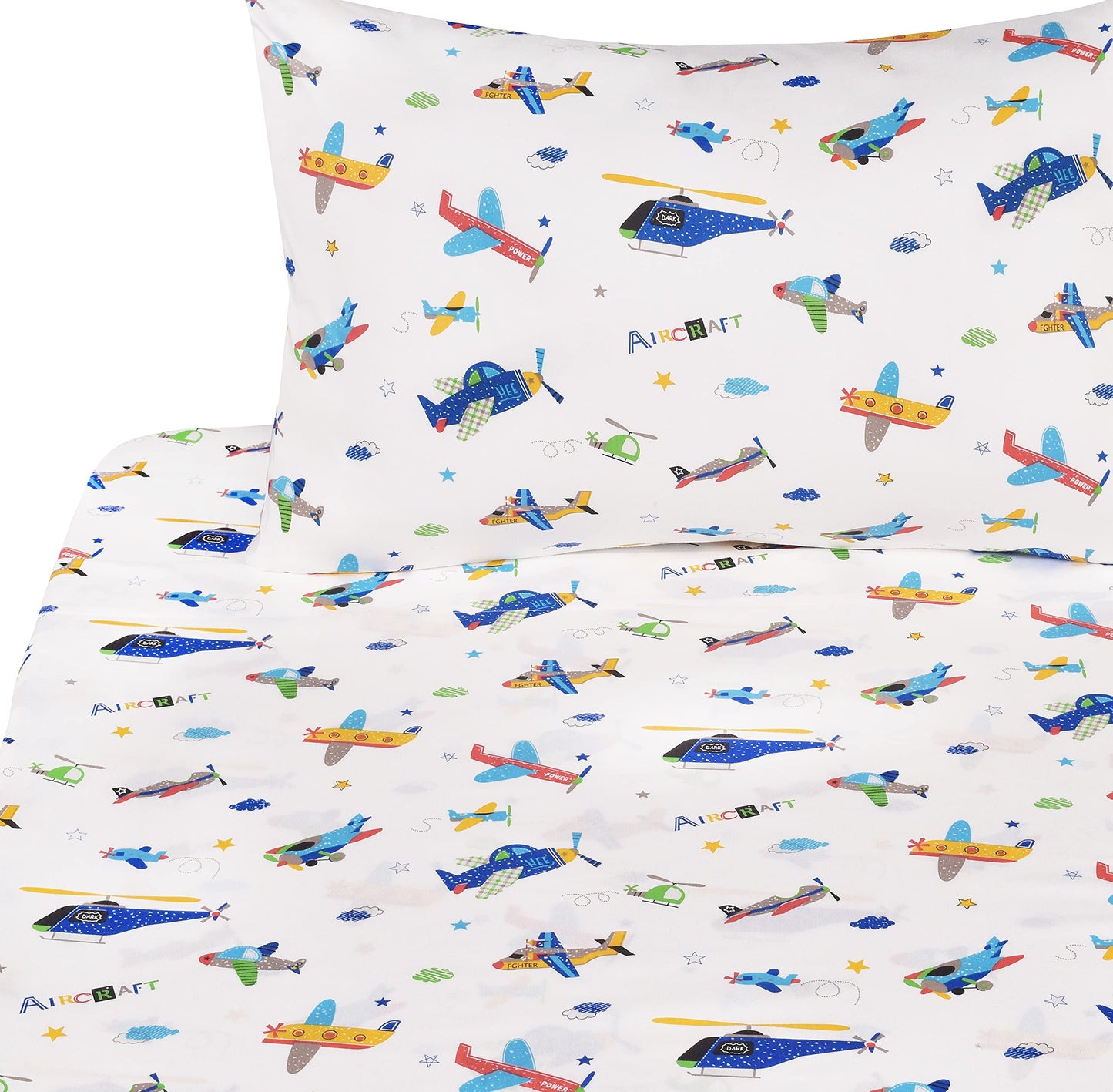 J-pinno Plane Airplane Aircraft Helicopter Cartoon Twin Sheet Set Bedroom Decoration Gift 100% Cotton Flat Sheet + Fitted Sheet + Pillowcase Bedding Set for Unisex Boys Girls (Airplane, Twin)