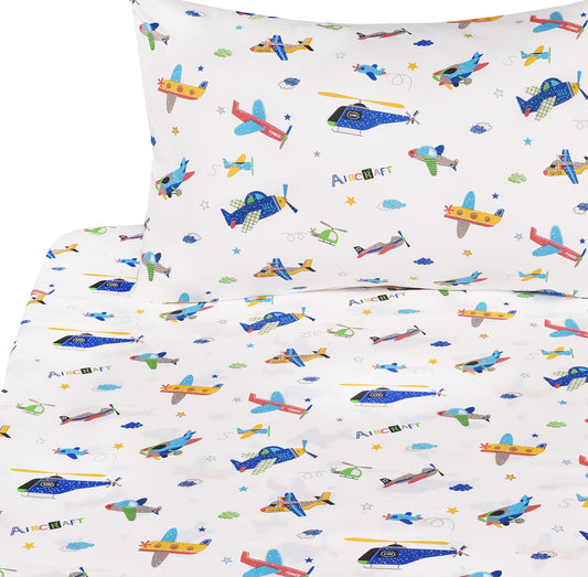 J-pinno Plane Airplane Aircraft Helicopter Cartoon Twin Sheet Set Bedroom Decoration Gift 100% Cotton Flat Sheet + Fitted Sheet + Pillowcase Bedding Set for Unisex Boys Girls (Airplane, Twin)