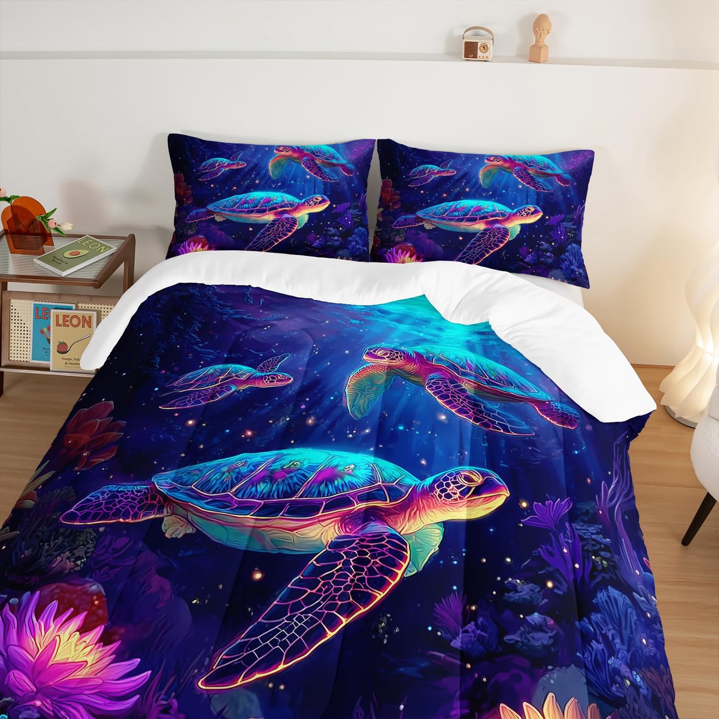 HOSIMA Sea Turtle Twin Comforter,Glowing Background Pattern Coastal Bedding for Kids Boys Girls Room Decor,Corals Print Ocean Themed Animal Bedding with 2 Pillowcases.