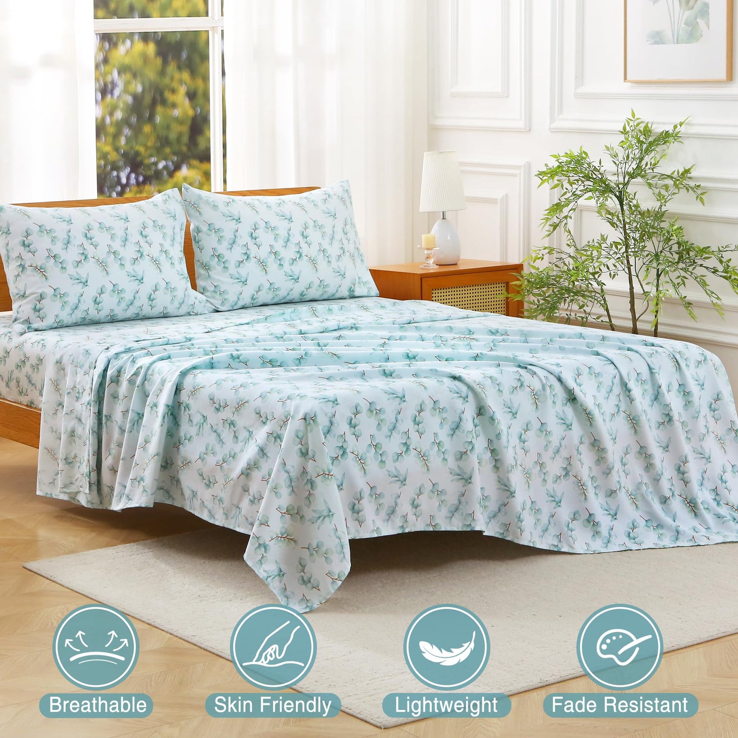 Viviland Full Bed Sheet Set - 4 Piece Double Brushed Microfiber Bedding - Deep Pocket Up to 15", Ultra Soft, Breathable & Wrinkle Resistant Skin-Friendly Cooling Sheets for Adult - Eucalyptus Dew(F)
