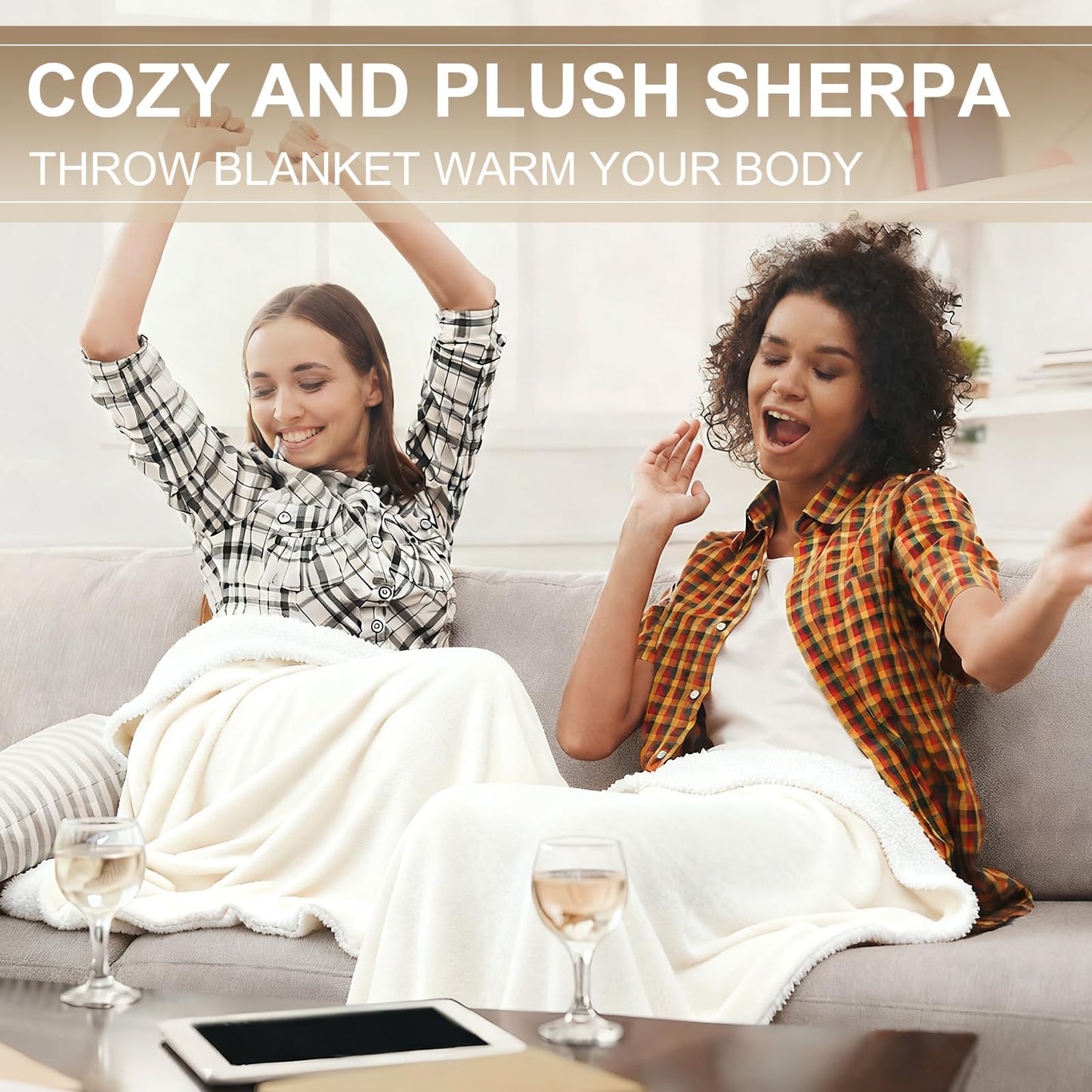 Newwiee 2 Pack 60 x 80'' Sherpa Fleece Throw Blanket Sherpa Plush Blanket Soft Fluffy Thick Flannel Throw Blankets Twin Size Winter Warm Blankets for Bed Sofa Couch(Beige)