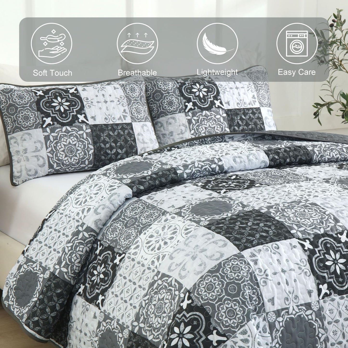 Dobuyly Grey Black Quilt Set Queen Size, Boho Plaid Patchwork Bedspreads Coverlet Set, 3 Pieces Soft Lightweight Microfiber Farmhouse Quilt Bedding Set for All Seasons 96"x90"