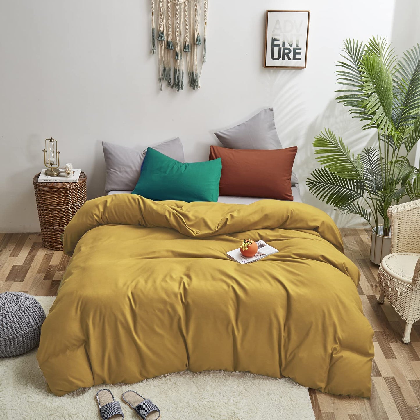 Luxlovery Mustard Yellow Comforter Set Queen Modern Bright Yellow Bedding Comforter Set Full Soft Cozy Breathable Quilts 1 Yellow Comforter+1 Green 1 Caramel Pillowcase for Adults Kids