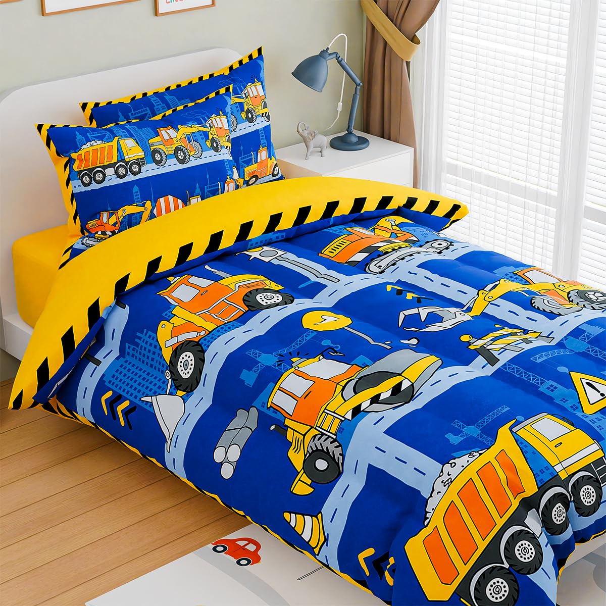 SANDJEST Construction Bedding Sets for Boys, Ultra Soft Microfiber Comforter Bed Set with 3-Pieces, Comforters Sets for Kids Children Boy Bedroom Decor