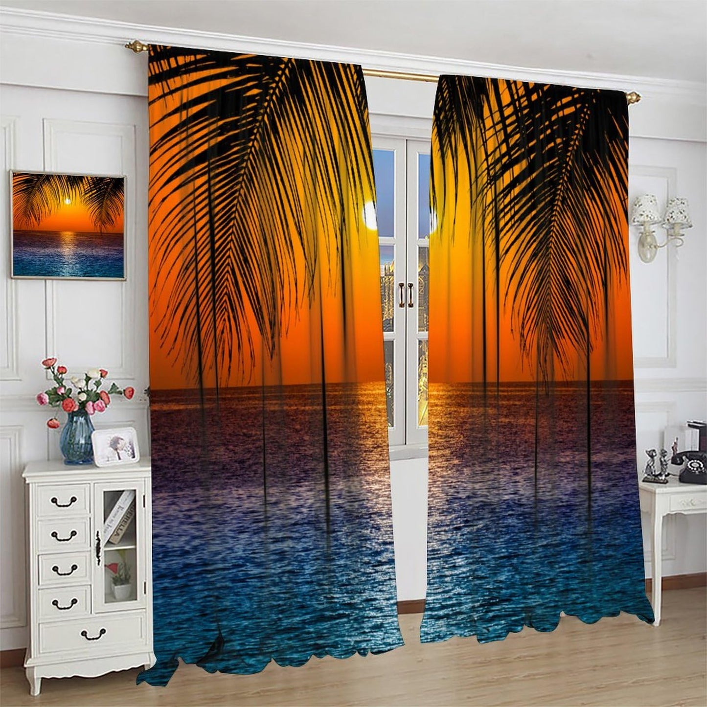 JADERYS Ocean Blackout Curtains Tropical Palm Trees Blue Sea Wave Sunset Orange Sky Seascape Art Print for Kids Girls Boys Bedroom Living Room Rod Pocket Decoration Window Drapes 2 Panels W21xL45in