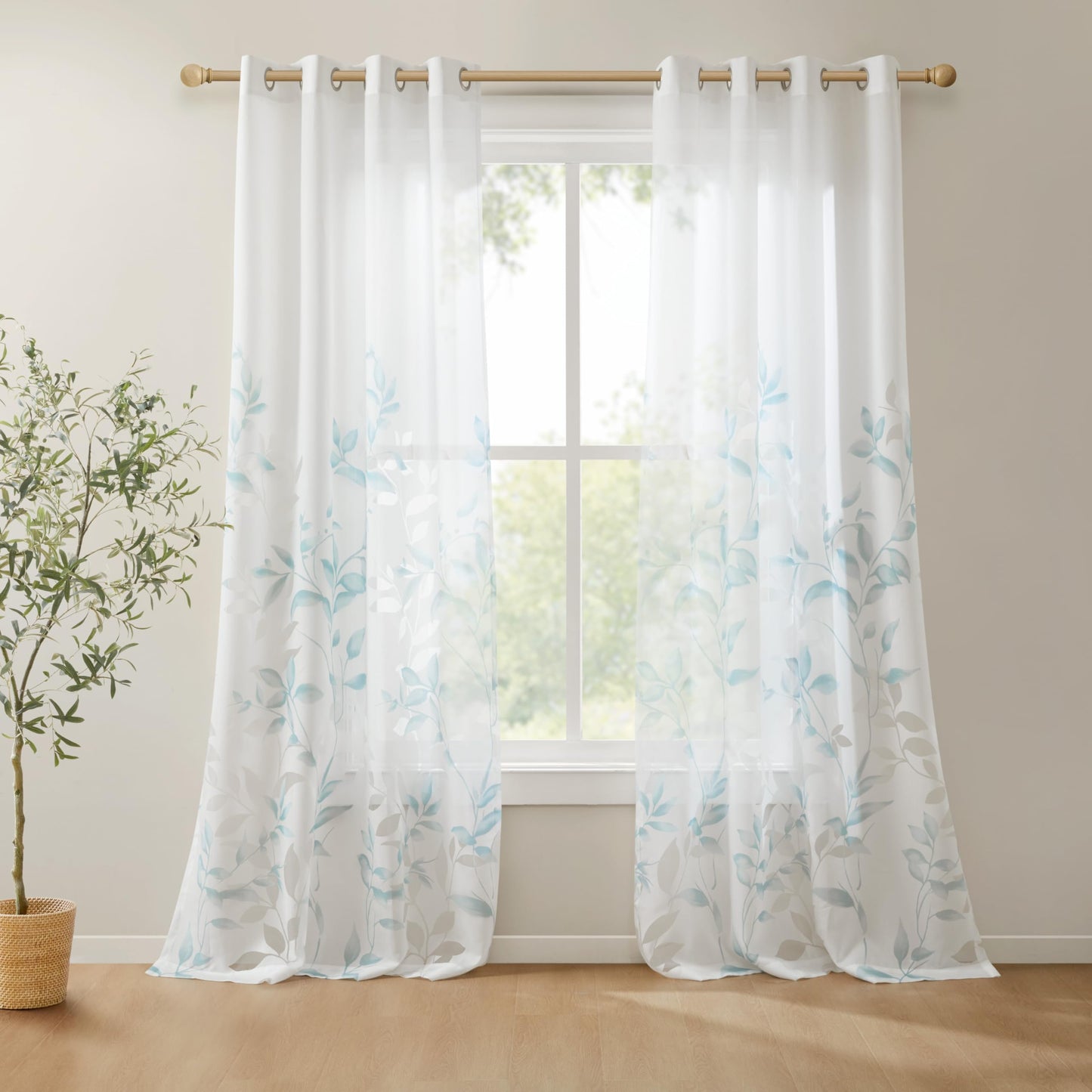 Madison Park Cecily Semi Sheer SINGLE Panel Window Curtain Burnout Botanical Print, Easy To Hang, Fits up to 1.25" Diameter Rod, 50x84", Leaves Aqua