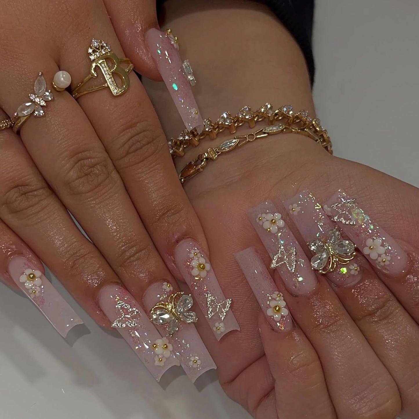 BABALAL Long Square Press on Nails - Pink Acrylic Glue on Nails with 3D Butterfly Flower Charms, Glitter Manicure Artificial False Nails for Women & Girls 24pcs